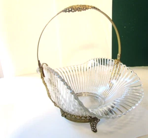 Vintage French Ribbed Glass & Brass Ormolu Bridal Basket Repaired 9" - Picture 1 of 15