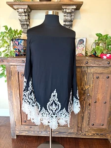 Black Tunic XL Cream Lace Embroidery Trim Boho Country Western Cowgirl - Picture 1 of 9