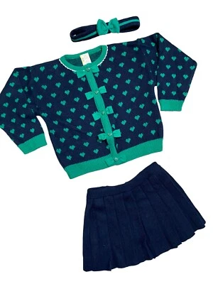 Conjunto de diadema falda plisada cárdigan verde marino tejido vintage de 3 piezas 2T Nuevo de Lote Antiguo Foto 1 de 4