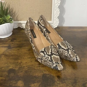 Ann Taylor Women's Dress Pump Size 8 Snakeskin Pointed Heels Tan Black Comfy - Picture 1 of 12
