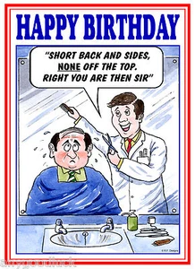 BALDY MAN HAIR CUT BARBERS FUNNY CARTOON HAPPY BIRTHDAY CARD FREE POST 1ST CLASS - Picture 1 of 2