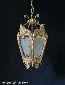 Antique Vintage Ornate Brass Pebbled Glass Ceiling Lantern Pendant Lamp - Picture 1 of 10