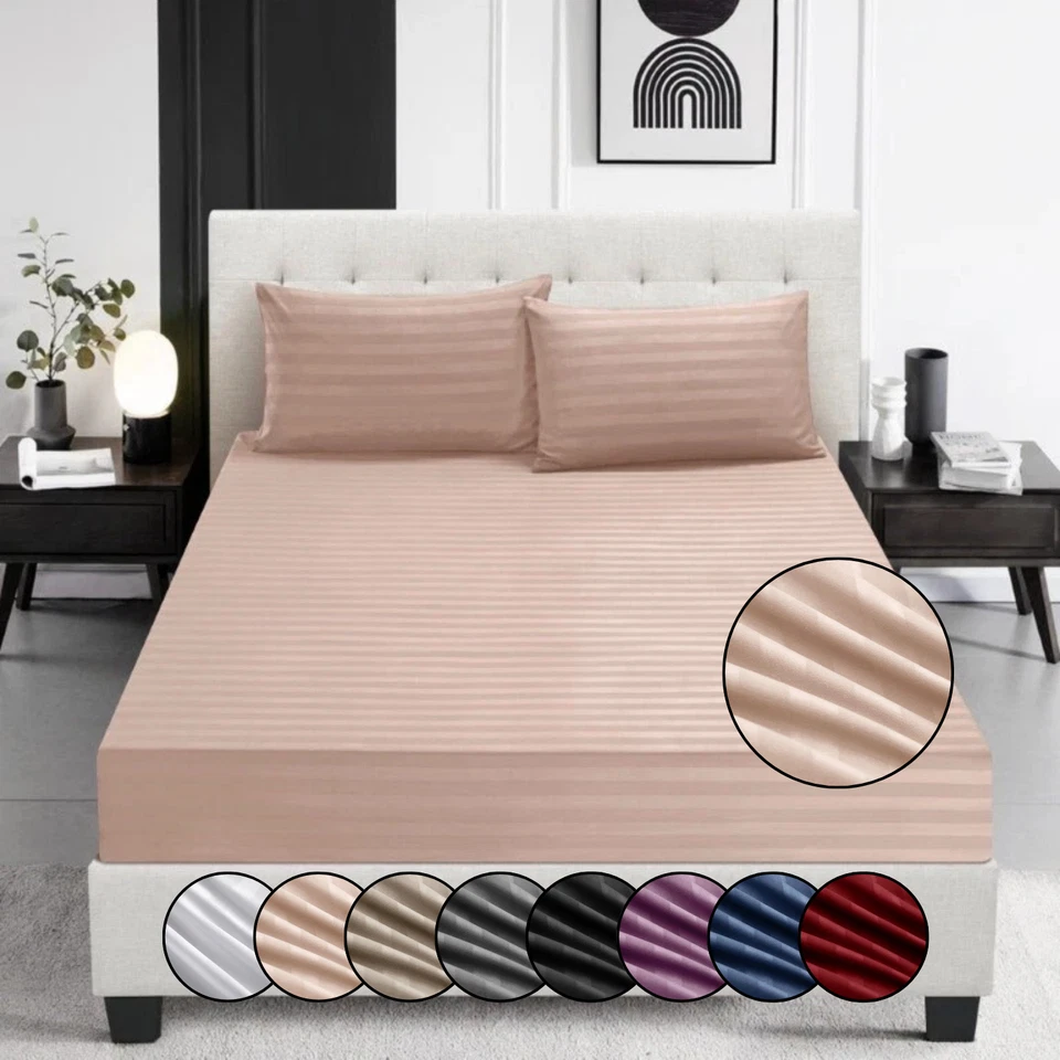 30CM Fitted Sheet Extra Deep Satin Stripes Sheet Single Double Super King Size - Image 1 of 1