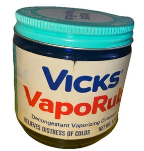 Vtg 5.8 Oz Vicks Vaporub w/ Lid Cobalt Blue Glass Jar Paper circa 60’s/70’s Full - Picture 1 of 6
