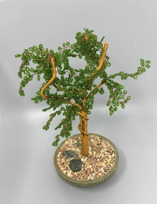 Artificial Green Beaded Bonsai Tree with Clay Low Planter Faux Plant 9.5" - Image 1 of 4