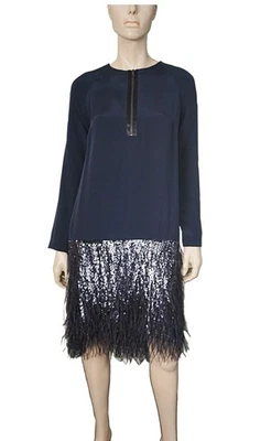 MONIQUE LHUILLIER Sz 12 Feather and Sequin Trim Silk Crepe High-Low Party Dress - Image 1 of 4