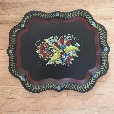Vintage Linda D 80 Floral Tole Tray Hand Painted Folk Art Serving Decor - Image 1 of 4