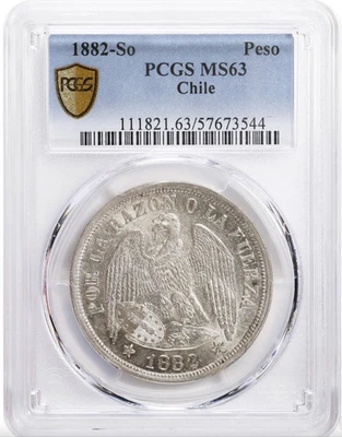 1882 So Chile 1 Peso Siver Coin PCGS MS 63 UNC! - Image 1 of 2