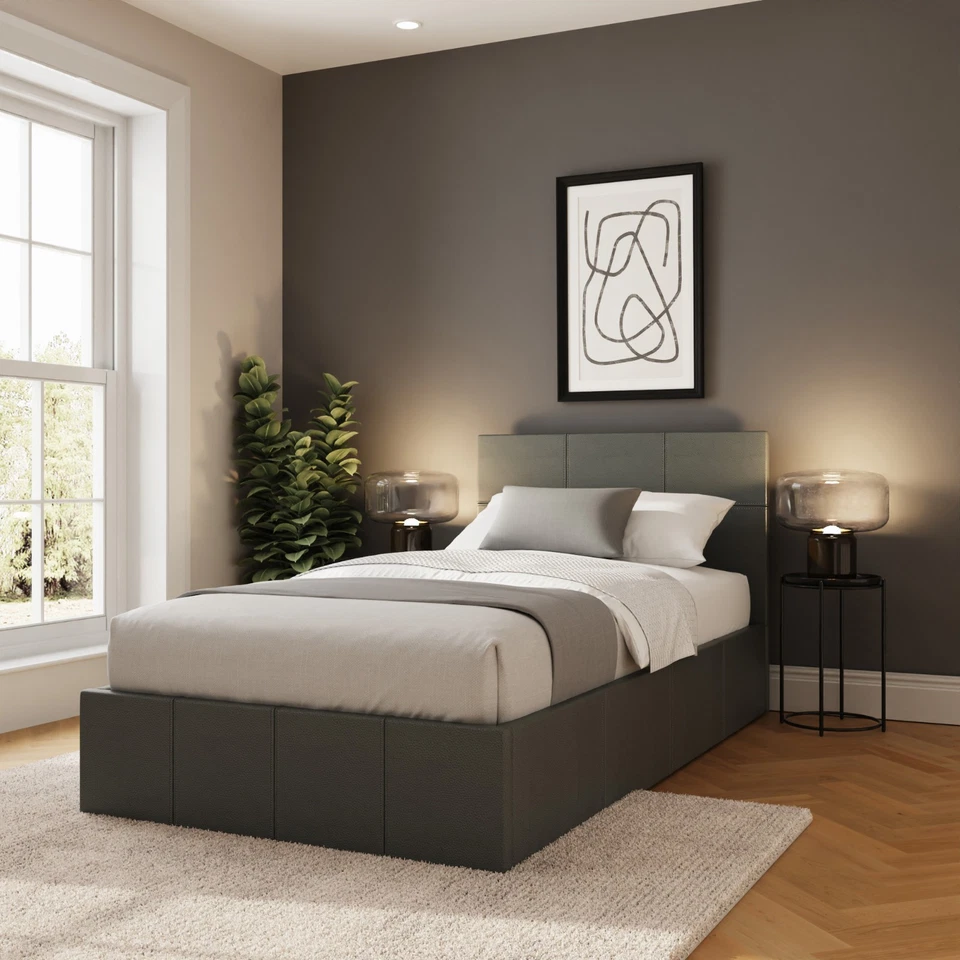 Grey Faux Leather Side Gas Lift Storage Ottoman Bed - 3ft Single
