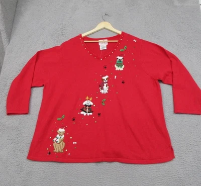Suéter Quacker Factory Mujer 3X Rojo Navidad Perro Pullover Cuello en V Lentejuelas Foto 1 de 4