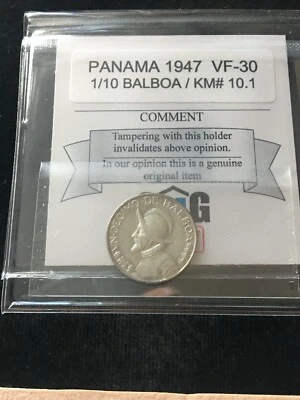 1947  Panama, 1/10 Balboa, Coin Mart Graded **VF-30** KM# 10.1 - Image 1 of 4