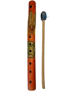 Wooden Handmade Guatemalan 13” Long Hand Carved Flute Musical Instrument - Picture 1 of 6