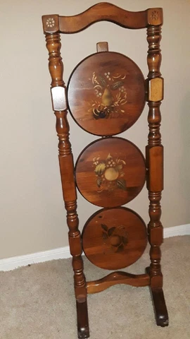 Three Tier English Pie Stand with Barley Twist Legs and Painted Fruit, Foldable Cover