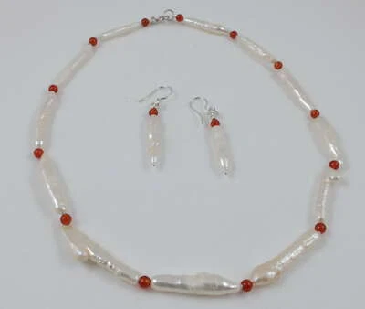 Weiße Stab Keishi Perle & Karneol Halskette & Ohrringe mit Sterlingsilber - Bild 1 von 4