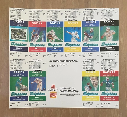 DAN MARINO 1987 NFL MIAMI DOLPHINS FULL HOME SEASON FOOTBALL TICKETS SHEET Cover