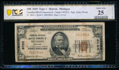 AC 1929 $50 Guardian National B of Commerce Detroit, Michigan ch#8703 PCGS 25/d - Image 1 of 2