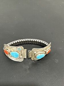 EFFIE C ZUNI STERLING SILVER TURQUOISE , Coral Watch Band