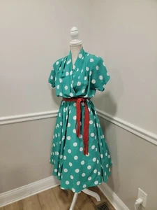 Vintage Polka Dot Rockabilly 80s  Dress Knee Length/With Pocket  - Picture 1 of 10