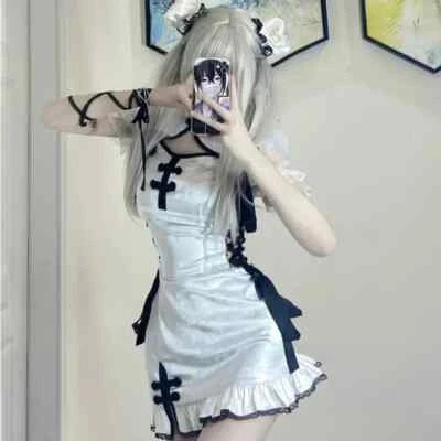 Japanese Waitress Lolita White Maid Dress Women Slim Uniform Sexy Cheongsam - Image 1 of 4