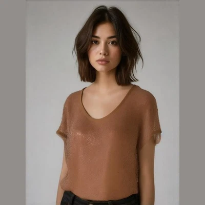 Pullover H&M Marrón Lentejuelas Borde Deshilachado Glamour Manga Corta Talla Grande S Foto 1 de 4