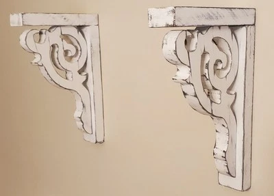 Par de soportes de estante de ménsulas de madera con diseño de desplazamiento blanco envejecido VSB008 Foto 1 de 4