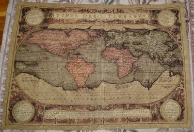 Old Map of the World Large Chenille Belgium Tapestry Wall Hanging 39" x 52" - Image 1 of 4