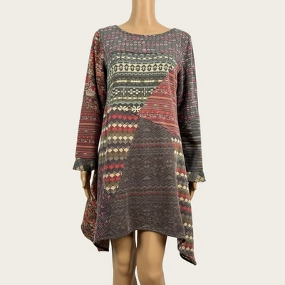 Sacred Threads LARGE Muted Tone Print Knit Shift Dress Lagenlook Art To Wear - Image 1 of 4