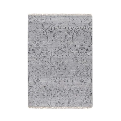 4'x5'10" Cloud Gray Wool and Silk Rug Damask Design Hand Knotted Oriental 91799 - Image 1 of 4