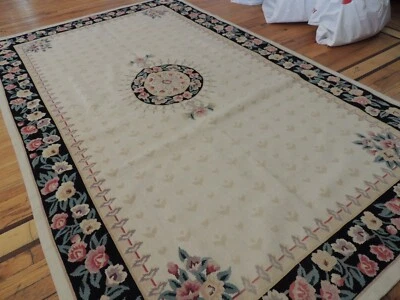 5x8 French Aubusson Needlepoint Area Rug Beige inlay Gray Pink Black Green - Image 1 of 4