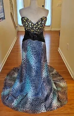 NWT Alyce Designs Blue Black Animal Print Strapless Beaded Mermaid Gown Size 14 - Image 1 of 4