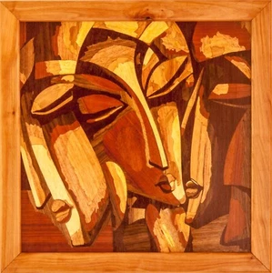 Liebesdreieck Holz Mosaik Intarsien Panel Boho gerahmt Wanddeko Kunst - Bild 1 von 12