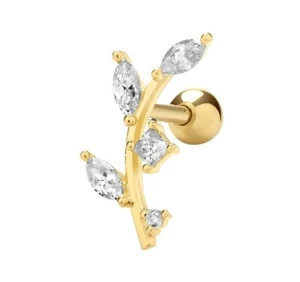 9ct Gold Cartilage Helix Earring Stud - Leaf - Diamond Set - Picture 1 of 7
