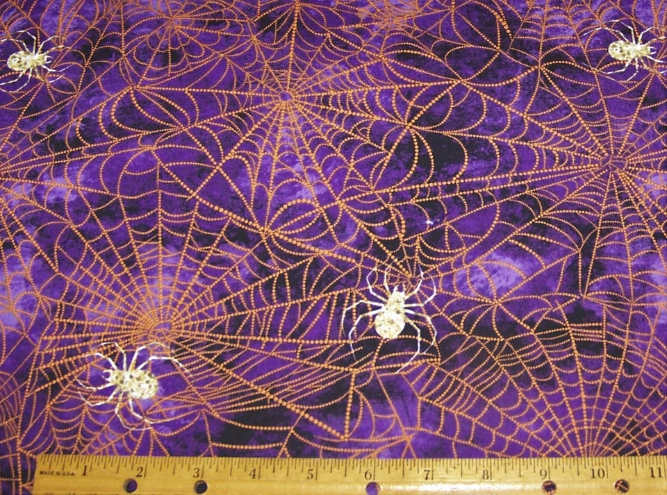 1 yard of Hoffman BOO PUNCH SPIDERS & ORANGE WEBS on PURPLE 100% Cotton Fabric - Image 1 of 1