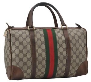 Authentic GUCCI Web Sherry Line Hand Boston Bag GG PVC Leather Brown 8479E