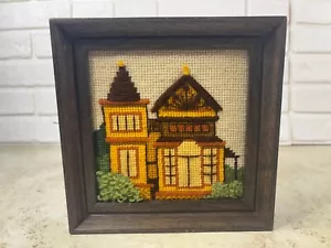 Vtg MCM Victorian Home Needlepoint/Crewel Small Framed Wall Art Decor Wood Frame - Picture 1 of 14