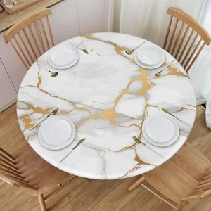 White Marble Print Tablecloth Elastic Edged Round Fitted Table Cover Waterproof - Picture 1 of 8