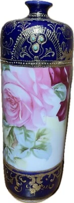 Винтажная ваза из кленового листа ниппона с розами ручной росписи 3 камня сине-золотая кайма 9 дюймов  - Изображение 1 из 4