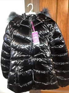 Justice Girls Shiny Black Hooded Ski Jacket Winter Puffer Coat New Fur Lined - Picture 1 of 3