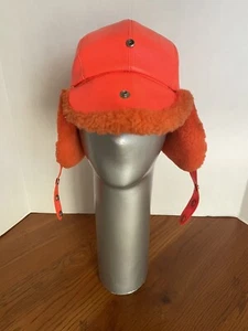 VINTAGE 1960's Blaze Orange HUNTING HAT CAP w/ Faux Fur & Snap Ear Flaps ~ Med - Picture 1 of 9
