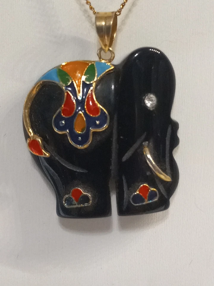 14K Gold Filled Chain Black Onyx Crystal Enamel Elephant 18 Inch Necklace - Image 1 of 4