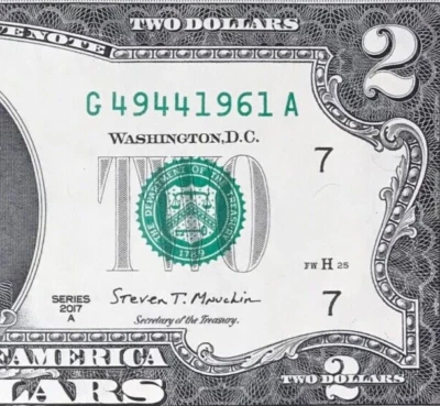 G 4944 1961 A : TRAILING YEAR 1961 $2 Two Dollar Bill Serial Number - Image 1 of 3