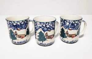 Tienshan Folk Craft Cabin In The Snow Mug Set Of 3 Coffee Cups Mugs 3.75" EUC - Picture 1 of 10