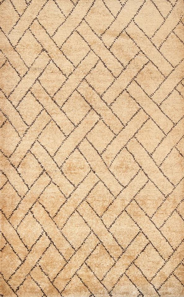 BEIGE/ DARK BROWN Moroccan Oriental Geometric Area Rug Hand-knotted Modern 5'x8' - Image 1 of 4