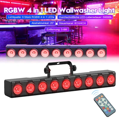 9 LED RGBW Wall Wash Bar Light DMX DJ Party Disco Stage Show Display w/Remote - Image 1 of 4