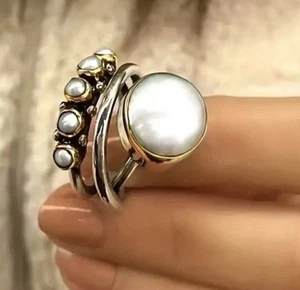 Museum Pearl Stamped Bezel Brighton Boho Bohemian Gold Silver Two Tone Sz 6 - Picture 1 of 2