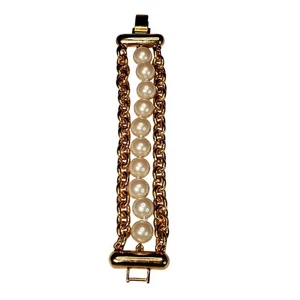 Vintage Signed J Crew Gold Tone Wide Link Bracelet Fold-Over Clasp 7" Signed - Picture 1 of 4