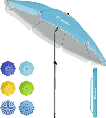 GRANDEKOR Sonnenschirm Balkon Strand Ø200cm UV50+ Türkis mit Hülle &Bodenbefestigung