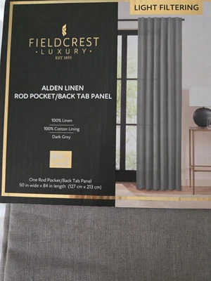 Fieldcrest Luxury Alden 100% Linen Panel Pair 50" x 84" Dark Gray Back Tab NIB - Image 1 of 4
