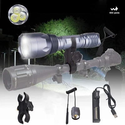 Lanterna LED recarregável 800 jardas caça 3 lanternas luz branca mira telescópica montagem EUA - Imagem 1 de 4