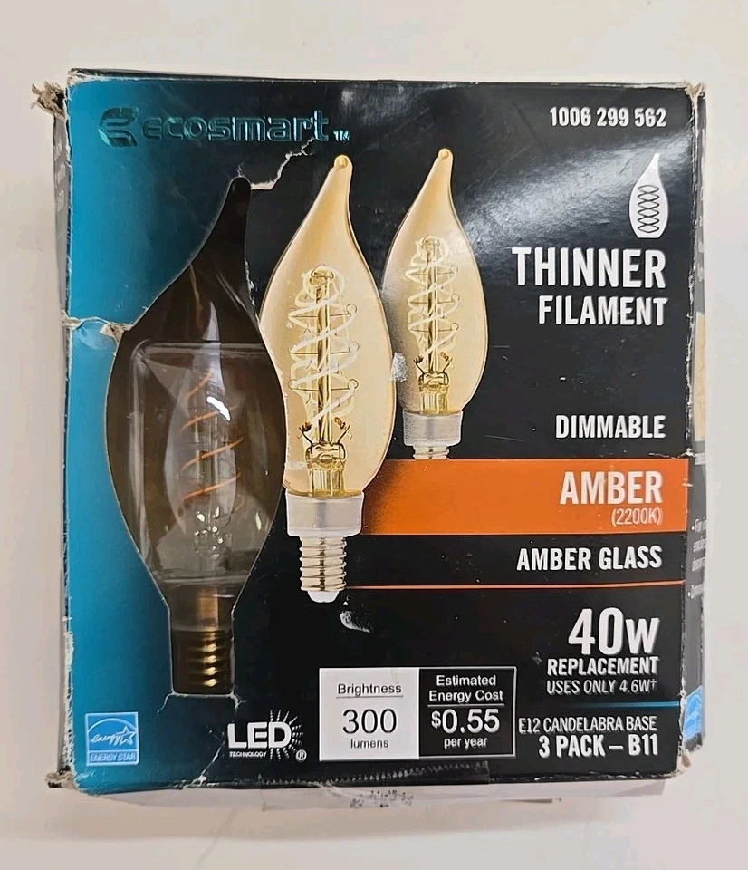 EcoSmart (3pk) 40W Bulb E12 Candelabra - Thinner Filament 2200K - AMBER (B11) - Image 1 of 4